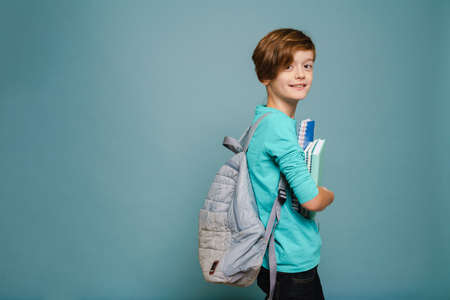 Ginger white boy smiling while posing with exercise books isolated over blue wallの写真素材