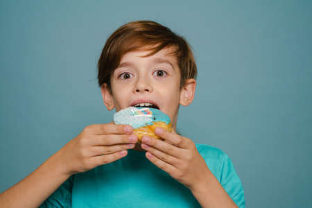 Ginger white boy wearing long sleeve eating doughnut isolated over blue wallの写真素材