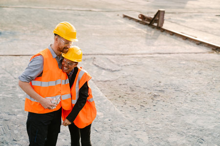 Multiracial man and woman wearing helmets laughing while working together at portの写真素材