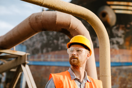 White ginger man wearing helmet and vest working in portの写真素材