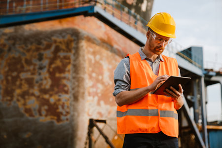 White man wearing helmet and vest using tablet computer while working in portの写真素材