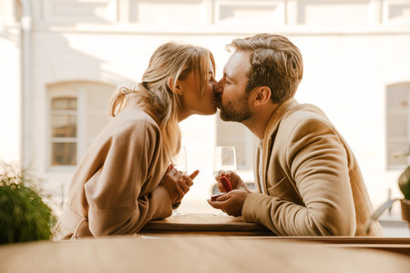 White man kissing and proposing to his girlfriend in cafe outdoorsの写真素材
