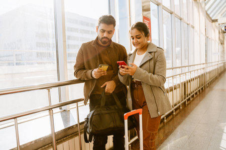 Young indian couple using cellphones while standing in airport indoors