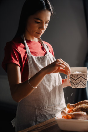 Young hispanic woman wearing apron cooking chicken in kitchen at home