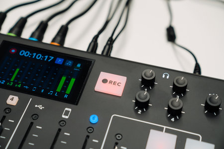 Close up photo of sound equipment at recording studio or radio station