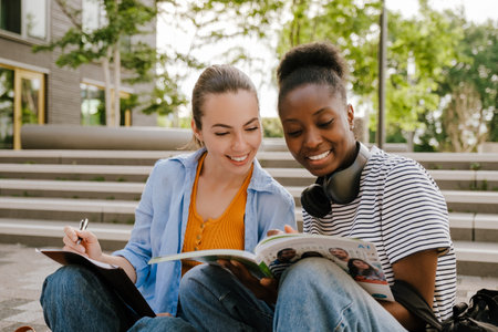 Young multiracial women smiling and doing homework together while sitting on stair outdoors