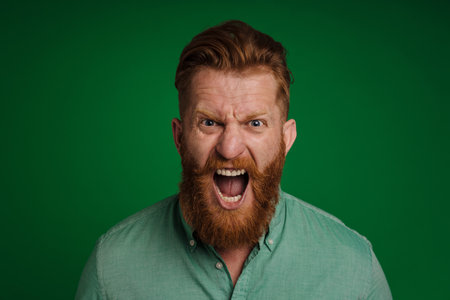 Portrait of adult handsome stylish bearded shouting man in green shirt looking at camera, while standing over isolated green backgroundの写真素材