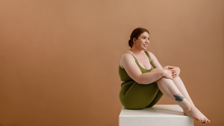 White young woman with ginger hair smiling while siting on cube isolated over beige backgroundの写真素材