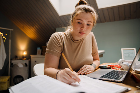 Young beautiful focused girl doing homework writing with pencil, while sitting by table with laptop in cozy room at homeの写真素材