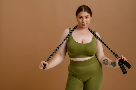 Young beautiful calm plus size girl holding jumping rope on her neck both hands and looking at camera , while standing over isolated brown backgroundの写真素材