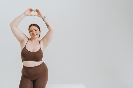 European woman smiling while showing heart gesture isolated over white backgroundの写真素材