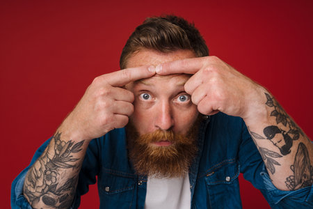 Adult bearded tattooed handsome stylish redhead man crushing his pimple on forehead and lookign a camera, while standing over isolated red backgroundの写真素材