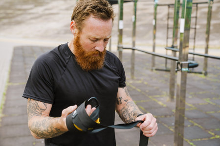 Ginger bearded sportsman standing on playground after workout outdoorsの写真素材