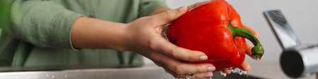 Caucasian young woman washing bell pepper at home kitchenの写真素材
