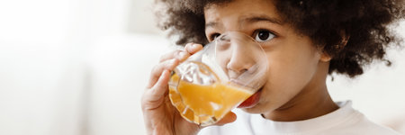 Black curly boy looking forward while drinking juice indoorsの写真素材