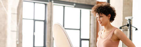 Happy young woman standing in front of the mirror at home choosing clothesの写真素材