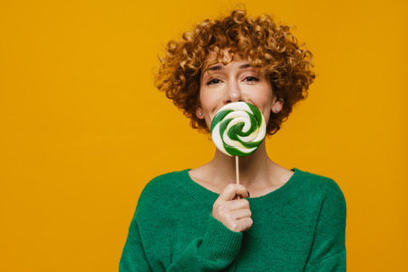Curly ginger woman smiling while posing with lollipop isolated over yellow backgroundの写真素材