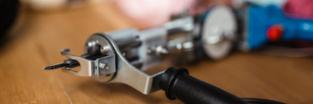 Photo of sewing machine and threads on wooden floor