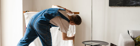 Young white man wearing overall working on craft rug at home