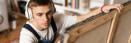 Young white man in headphones holding two paintings at homeの写真素材