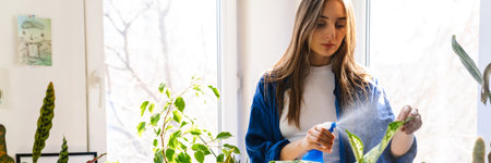 Young woman florist taking care of pot plants indoors, spraying