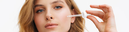 Half-naked white ginger woman applying face serum isolated over white background