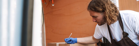 Young white cafe worker in apron writing while taking delivery outdoors