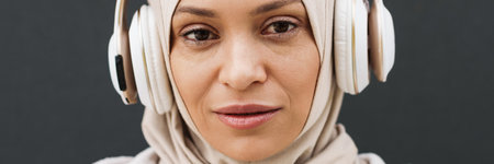 Middle eastern woman in hijab listening music with wireless headphones outdoorsの写真素材