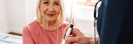 A doctor measuring blood glucose level to her positive elderly patient in the light room