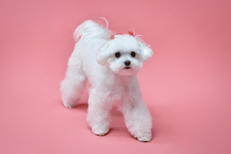 charming little Maltese lapdog. photo shoot in the studio on a pink background.の写真素材