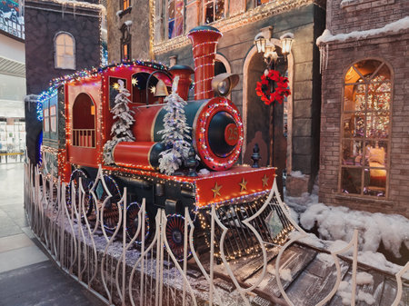 red christmas train with Santa Claus gifts.の写真素材