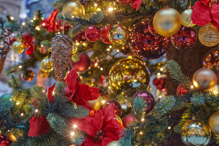 brightly decorated Christmas tree close-up. the concept of Christmas and New Year decorations.の写真素材