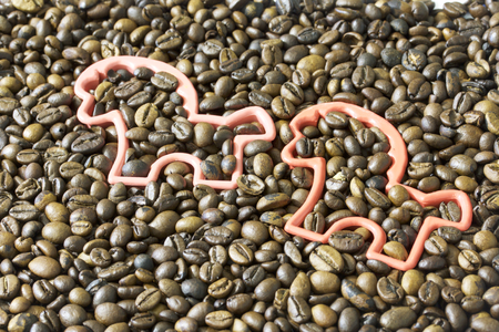 Roasted grains of black coffee. Shapes of animals on the background of coffee beans.の写真素材