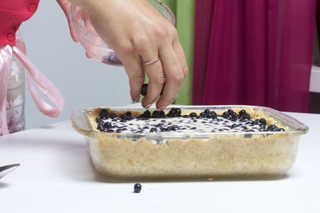 The woman adds blueberries to the pie filling. Delicate cheesecake with blueberries.の写真素材