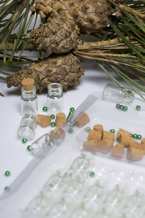 Glass bottles with corks in the package. For beads. Located among the branches of pine with cones on a white background.の写真素材