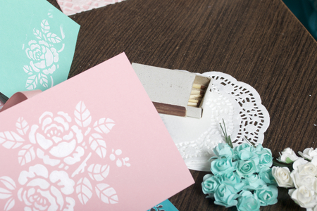 Making greeting cards from paper, cardboard and tape.の写真素材