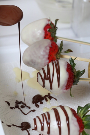 Strawberries glazed in black and white chocolate dries on a plate. On the work surface visible drops of chocolate. Cooking strawberries glazed in chocolate.の写真素材