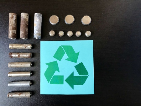 Corrosion-free batteries.  Different size and shape. Sign of recycling and protection of the...