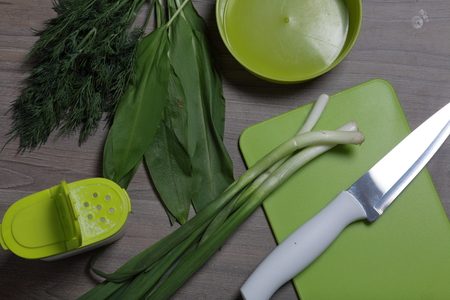 Fresh greens neatly laid out on the tabletop. Fragrant onions, dill and wild garlic. Near the container for salad, saltcellar, cutting board and kitchen knife.の写真素材