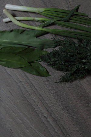 Fresh greens neatly laid out on the tabletop. Fragrant onions, dill and wild garlic. Ingredients for healthy salad.の写真素材