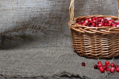 Basket filled with cranberries. It stands on a surface covered with linen cloth. Several berries are scattered on the surface.の写真素材