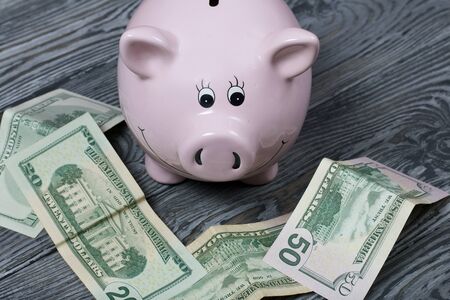 Ceramic piggy bank in the form of a pink pig. Nearby are dollar bills. Against the background of...