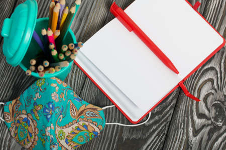A pencil case in the form of a trash can. It contains colored pencils. Nearby is a notepad and a protective mask for the pandemic. Dried maple leaves are added to the compositions. Shot from above.の写真素材