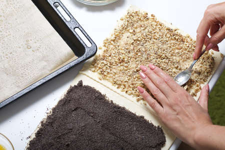 A woman sprinkles a puff pastry with walnuts. For making puff pastry curls with poppy and walnut filling. Nearby on the table are ingredients and tools.の写真素材
