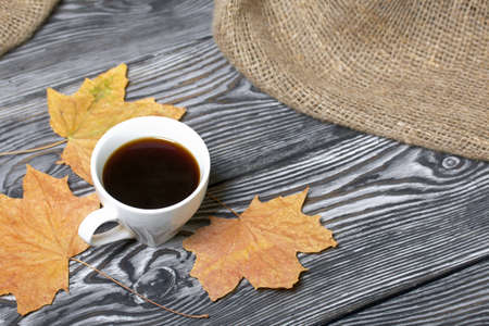 A cup of coffee among dried maple leaves. On pine planks painted black and white. Nearby is a rough linen cloth.の写真素材