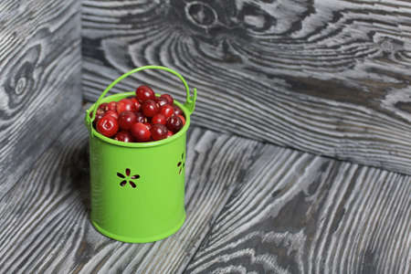 Red cranberries in a miniature green bucket. Stands on brushed boards.の写真素材