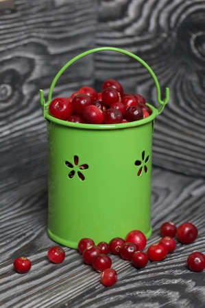 Red cranberries in a miniature green bucket. Stands on brushed boards. Some berries are scattered nearby.の写真素材
