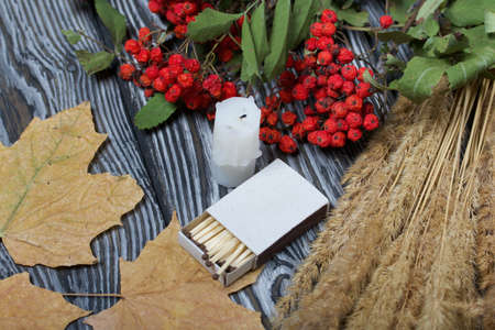 A bouquet of dried grass and rowan branches. Nearby is a candle stub and dried maple leaves. They...