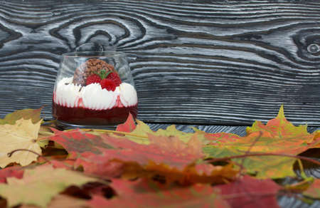 Dessert made from cream cheese with raspberry jelly. Decorated with cookies, raspberries and mint....