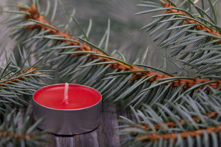 Branches of blue spruce on brushed pine boards. Nearby is a red candle. Close-up shot.の写真素材